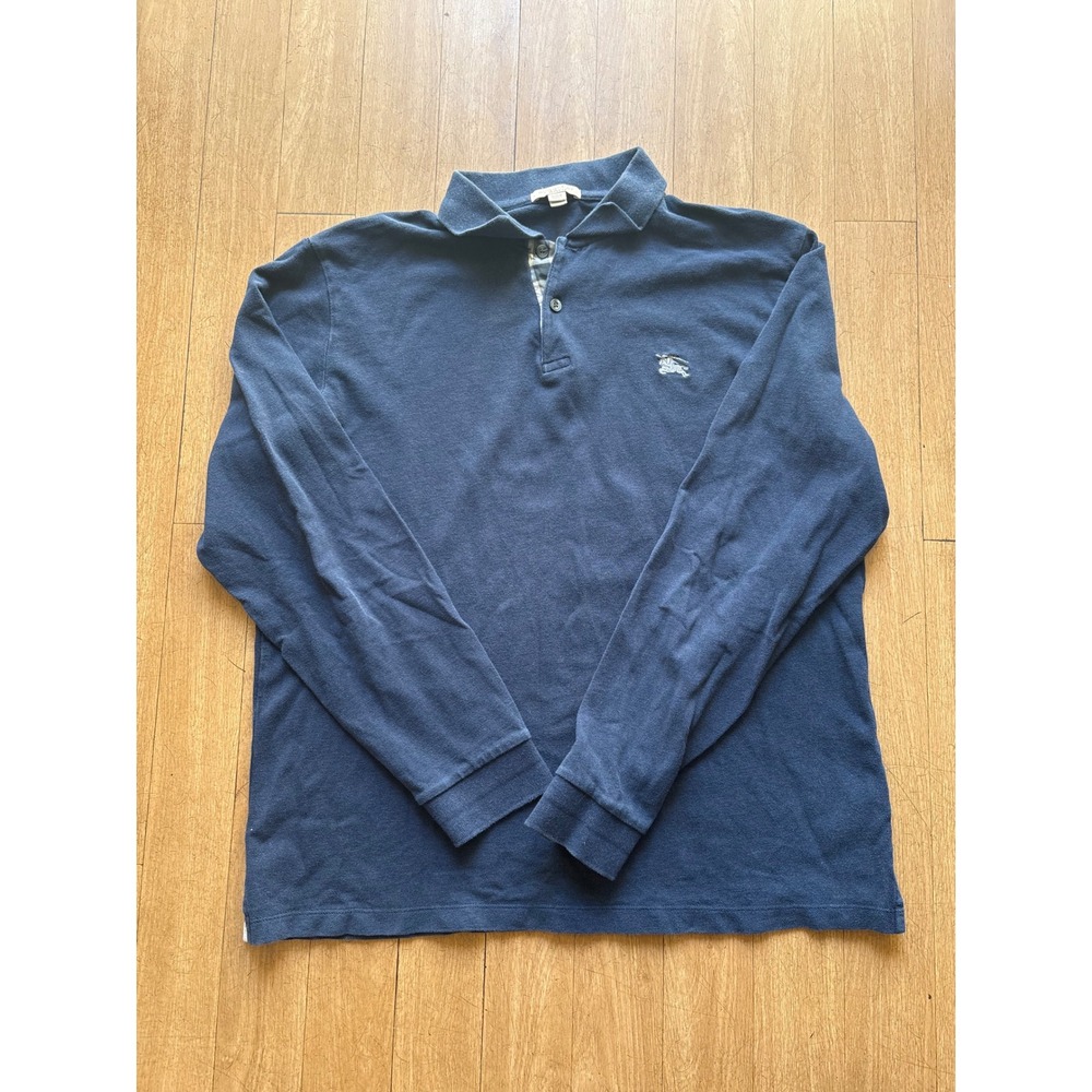 Burberry Brit Mens XL Navy Blue Long Sleeve Pique Polo Shirt Nova Check Placket